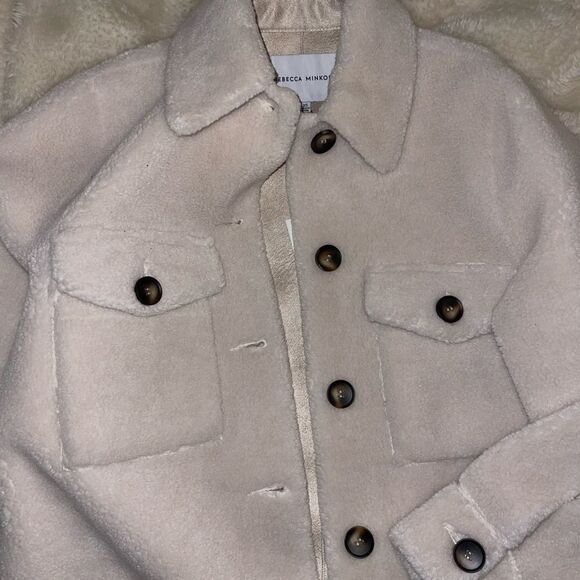 Rebecca Minkoff Harper Sherpa Teddy Wool Shacket Coat in Ecru | SZ XS - Picture 3 of 7